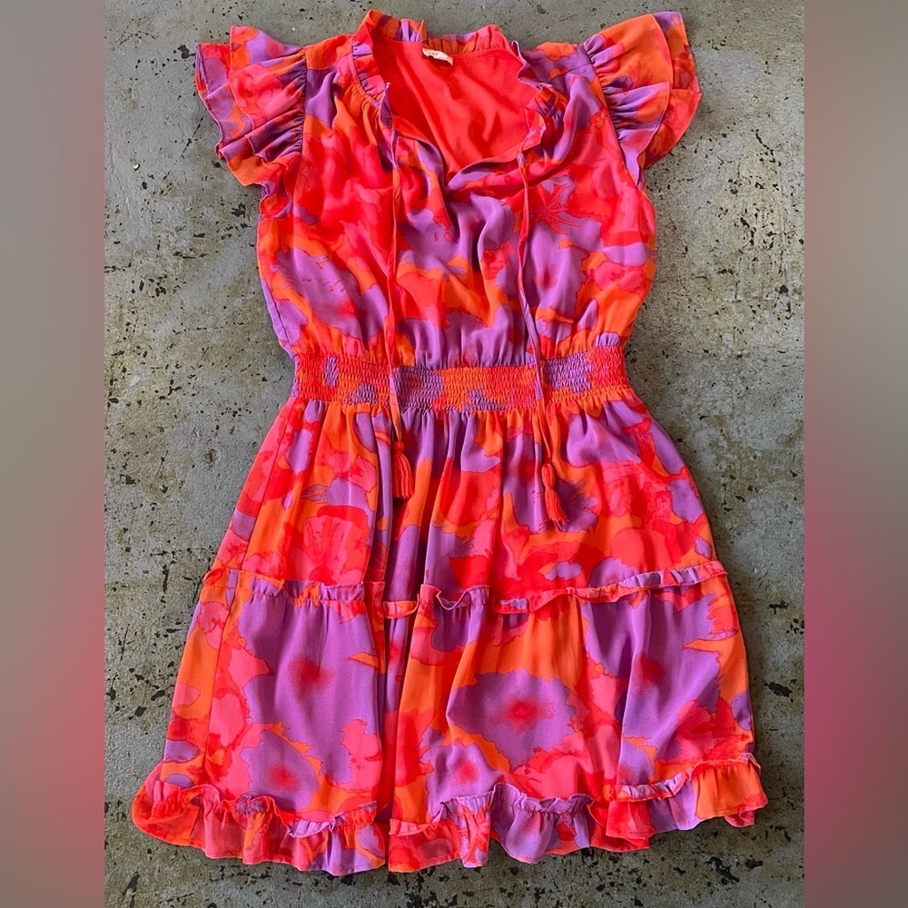 Jodifl Vibrant Orange and Purple Tiered Mini Dress with Ruffle Detail Size Med